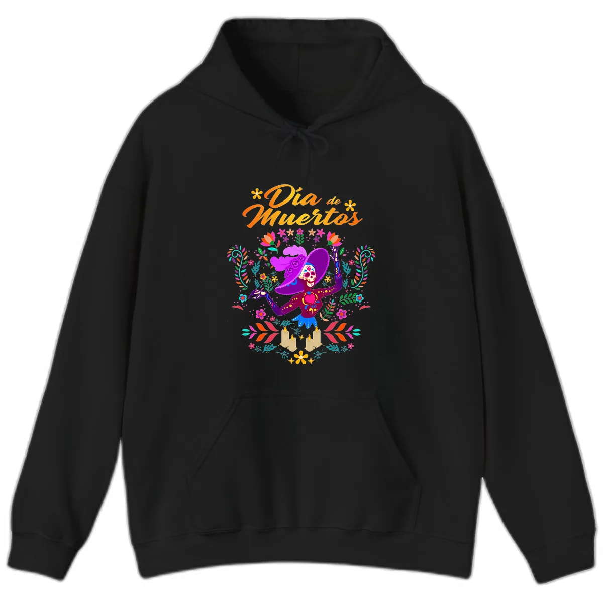Día de Muertos Catrina Floral Celebration Hoodie in Black
