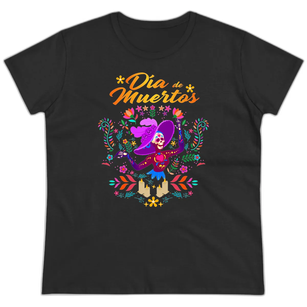Día de Muertos Catrina Floral Celebration Ladies Tee in Black