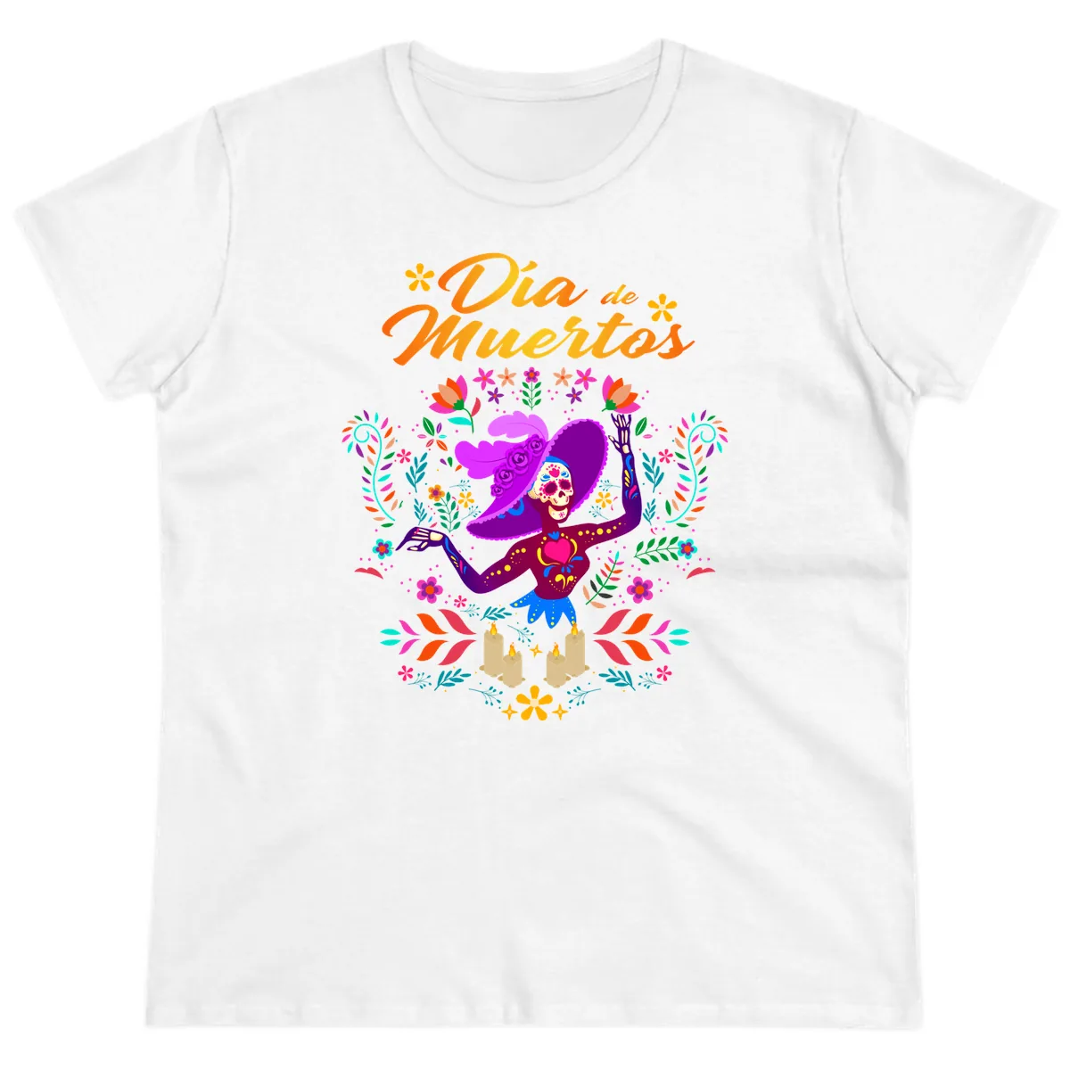 Día de Muertos Catrina Floral Celebration Ladies Tee in White