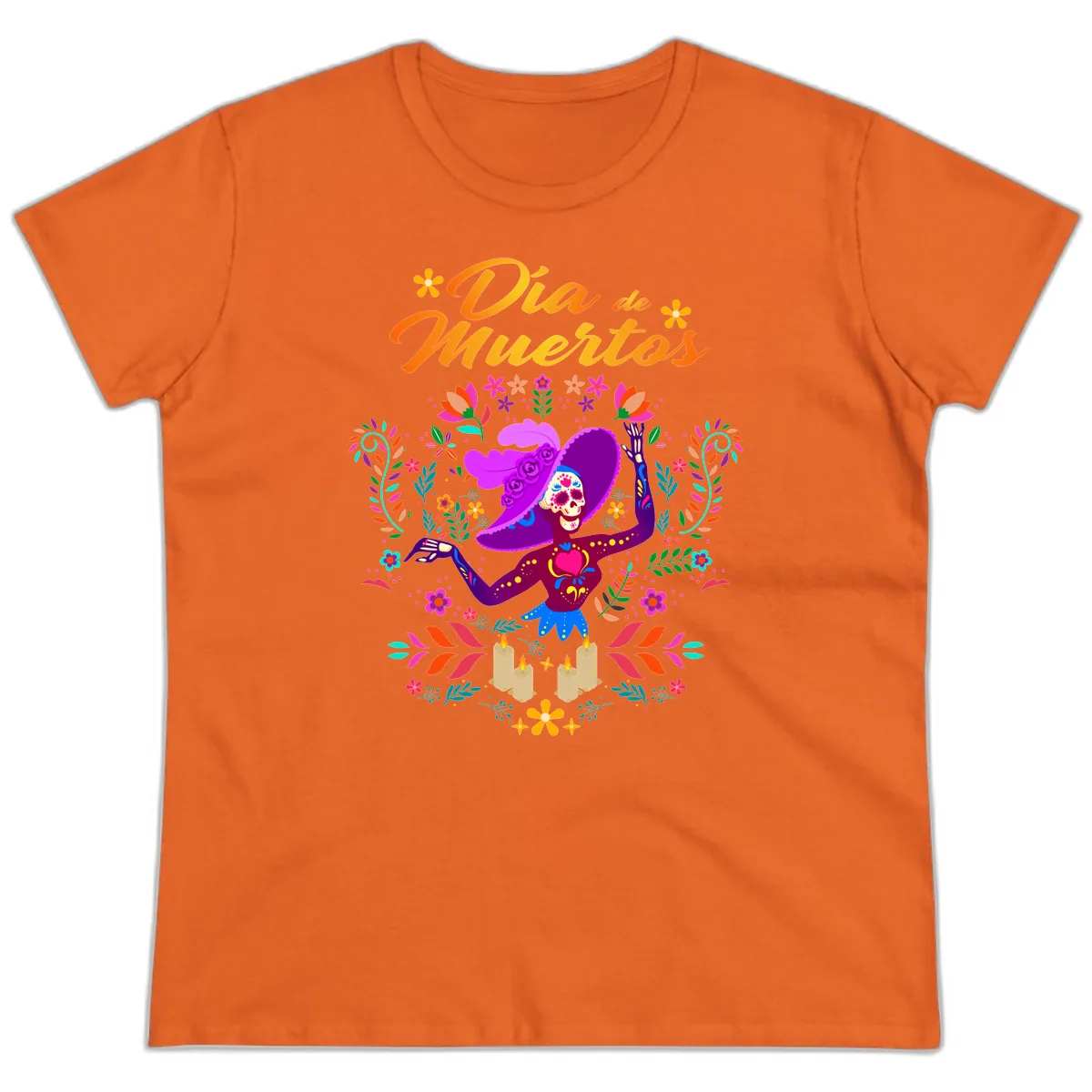 Día de Muertos Catrina Floral Celebration Ladies Tee in Orange