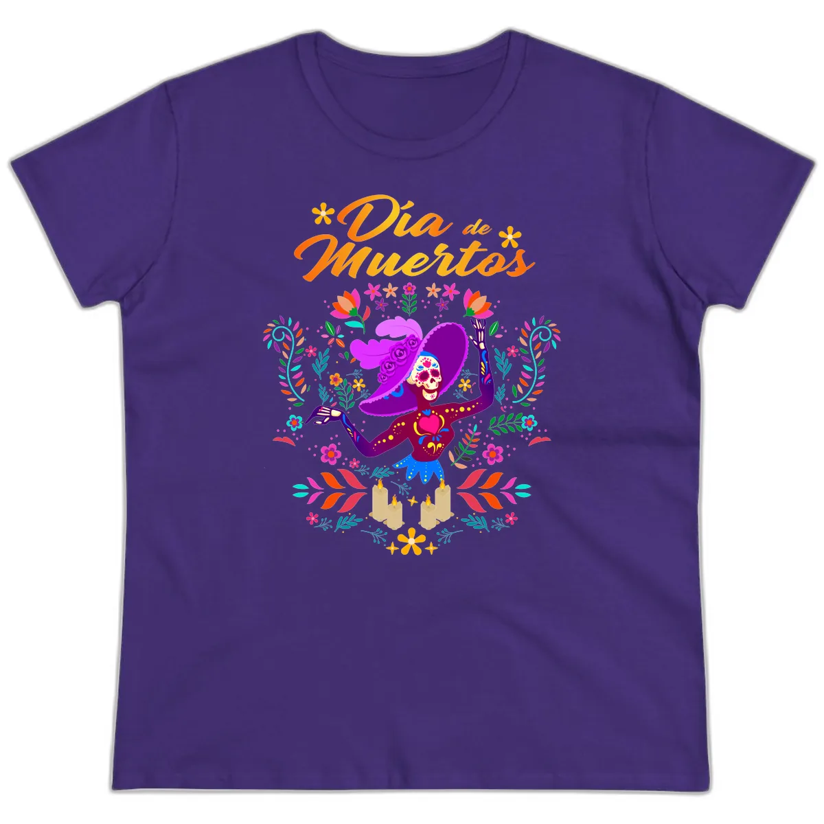 Día de Muertos Catrina Floral Celebration Ladies Tee in Purple