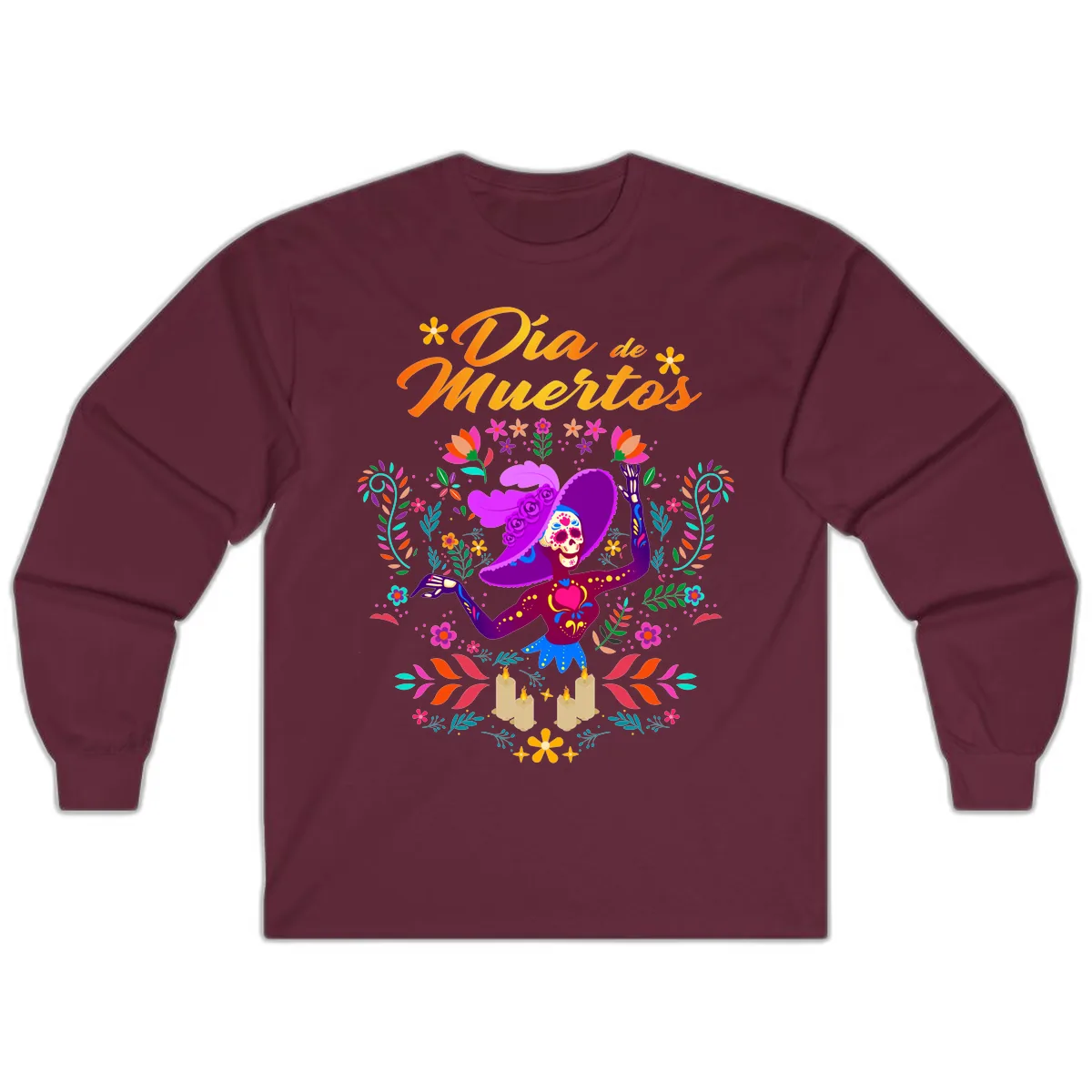 Día de Muertos Catrina Floral Celebration Long Sleeve in Maroon