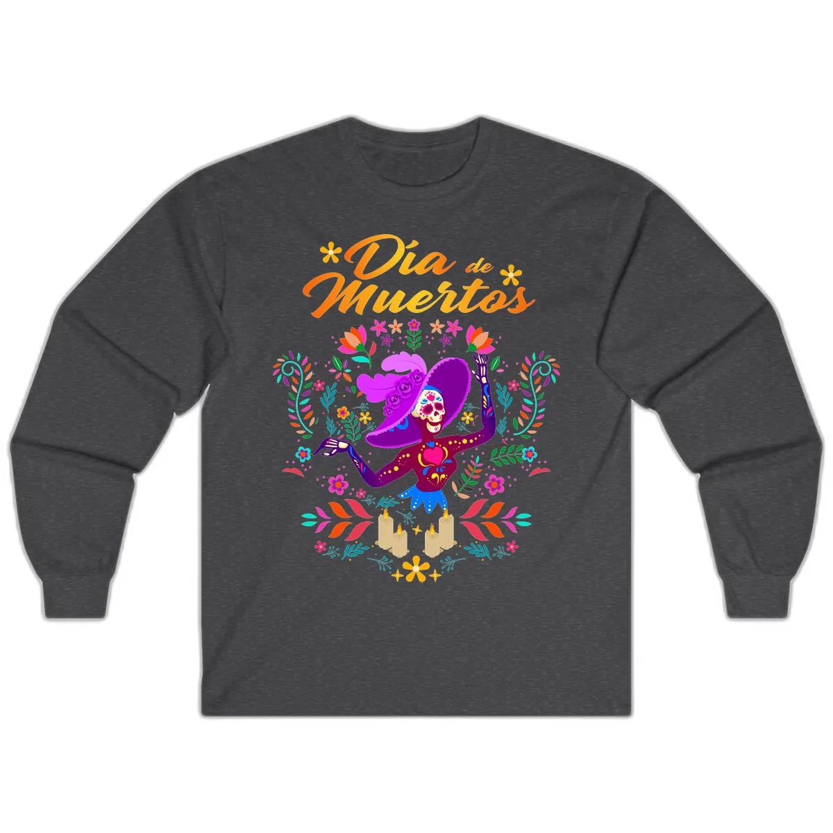 Día de Muertos Catrina Floral Celebration Long Sleeve in Dark Heather