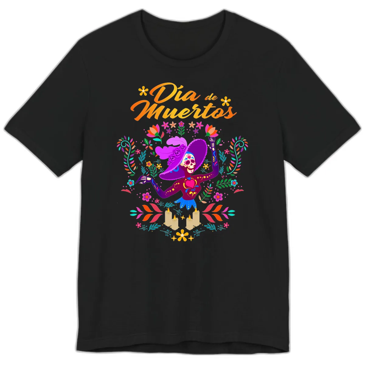 Día de Muertos Catrina Floral Celebration Premium T-Shirt in Black