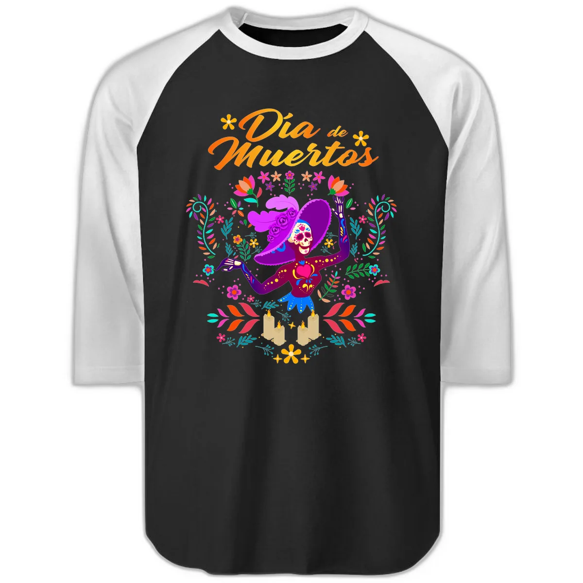 Día de Muertos Catrina Floral Celebration Raglan 3/4 in Black White