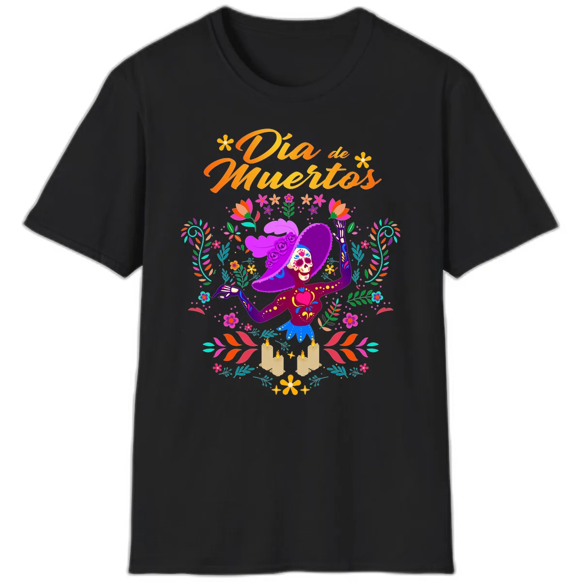 Día de Muertos Catrina Floral Celebration T-Shirt in Black
