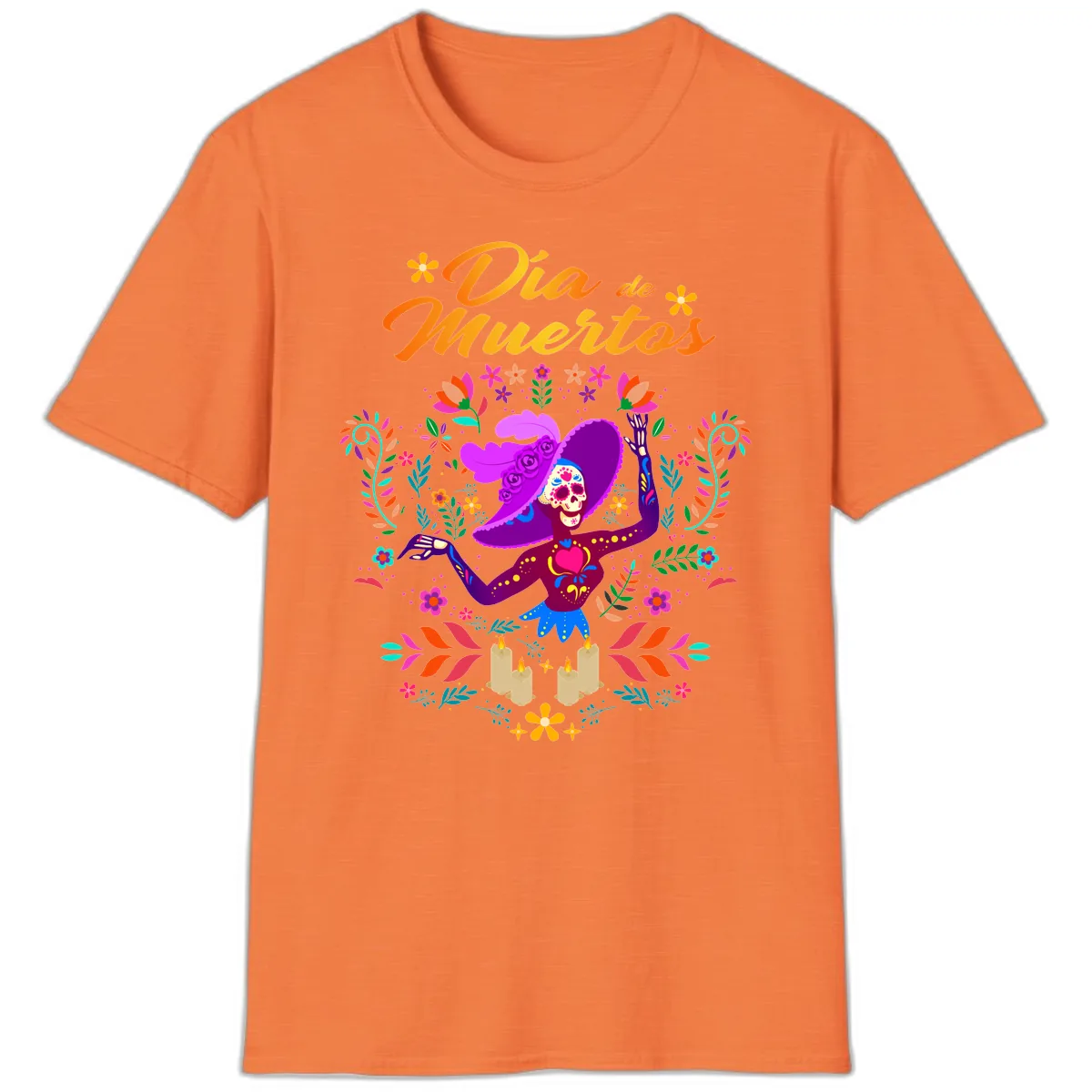 Día de Muertos Catrina Floral Celebration T-Shirt in Heather Orange