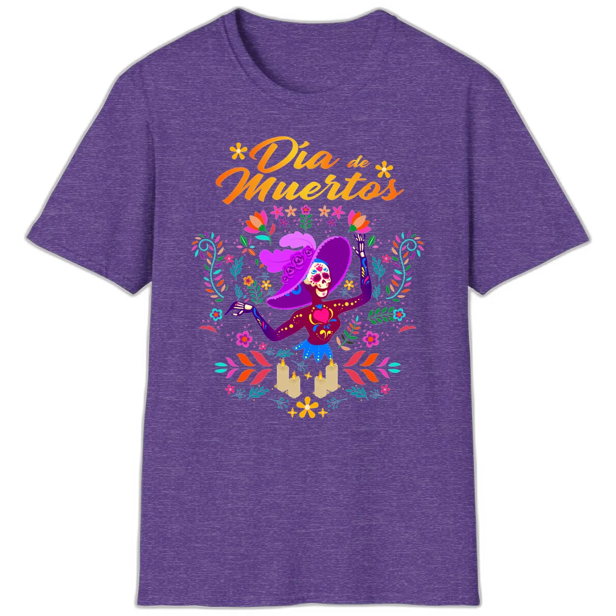 Día de Muertos Catrina Floral Celebration T-Shirt in Heather Purple