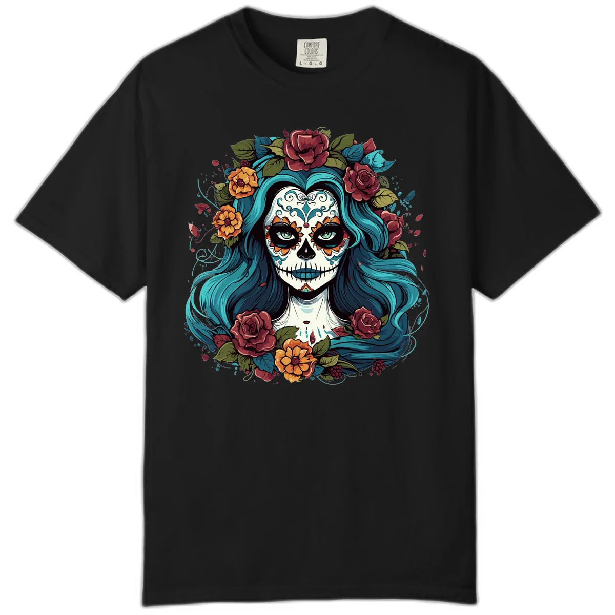 Floral Calavera with Teal Hair and Roses Comfort Color in Black