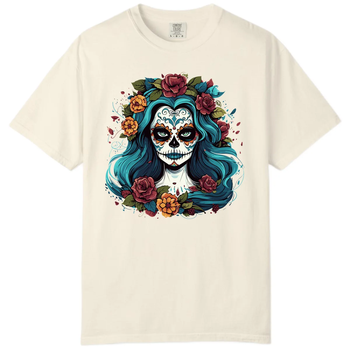 Floral Calavera with Teal Hair and Roses Comfort Color in Ivory