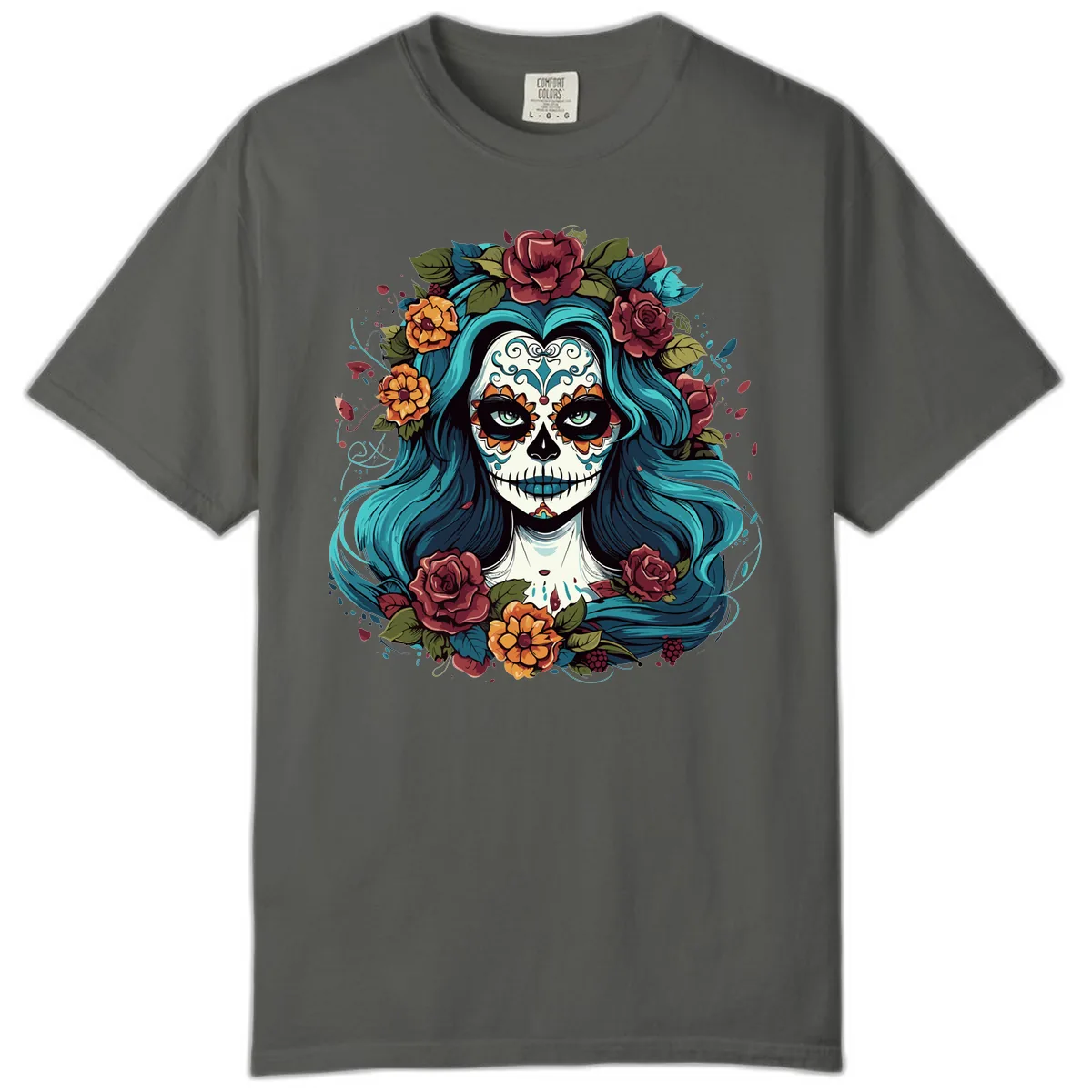Floral Calavera with Teal Hair and Roses Comfort Color in Pepper