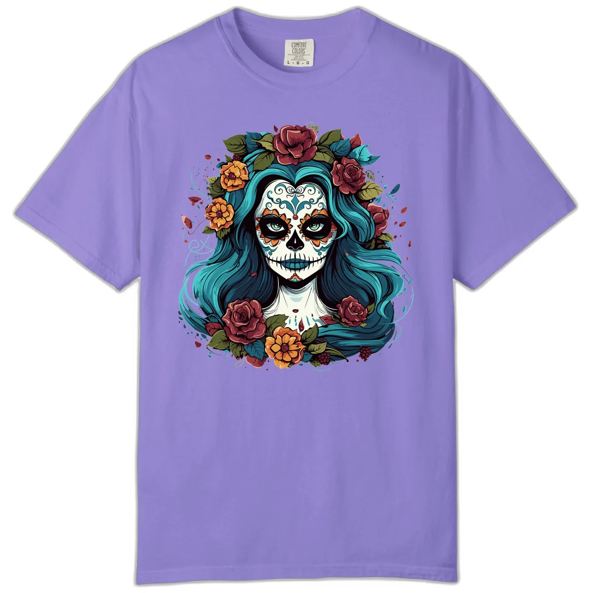 Floral Calavera with Teal Hair and Roses Comfort Color in Violet