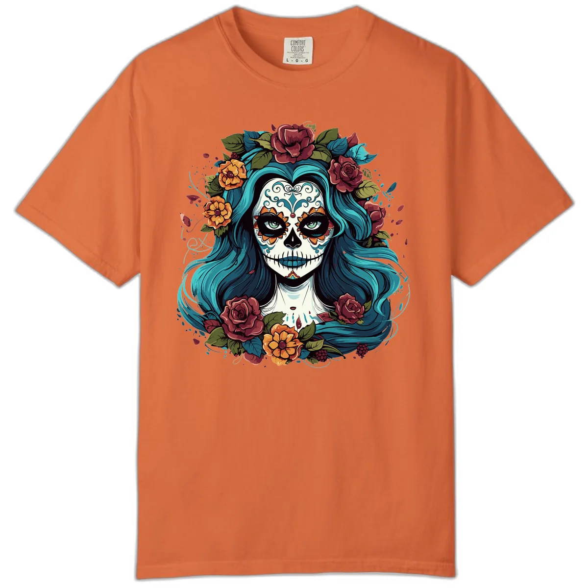 Floral Calavera with Teal Hair and Roses Comfort Color in Burnt Orange