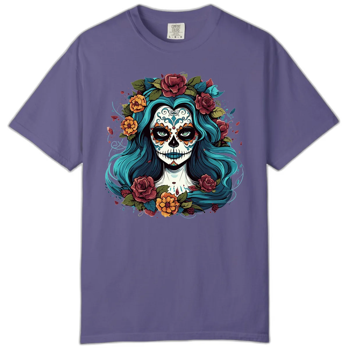 Floral Calavera with Teal Hair and Roses Comfort Color in Grape