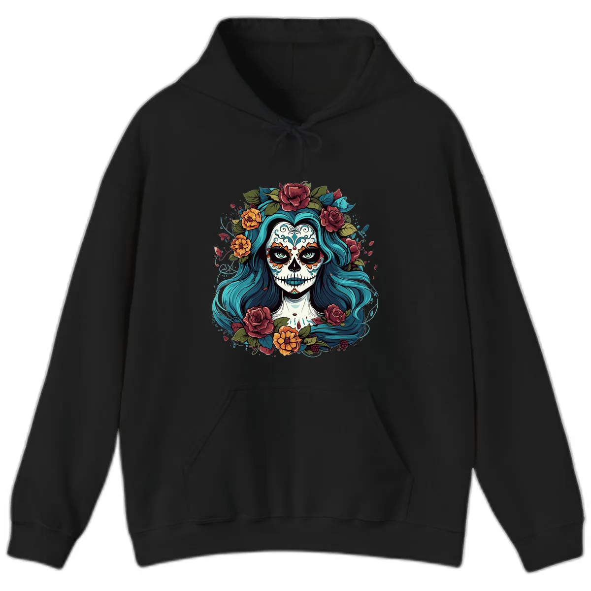 Floral Calavera with Teal Hair and Roses Hoodie in Black