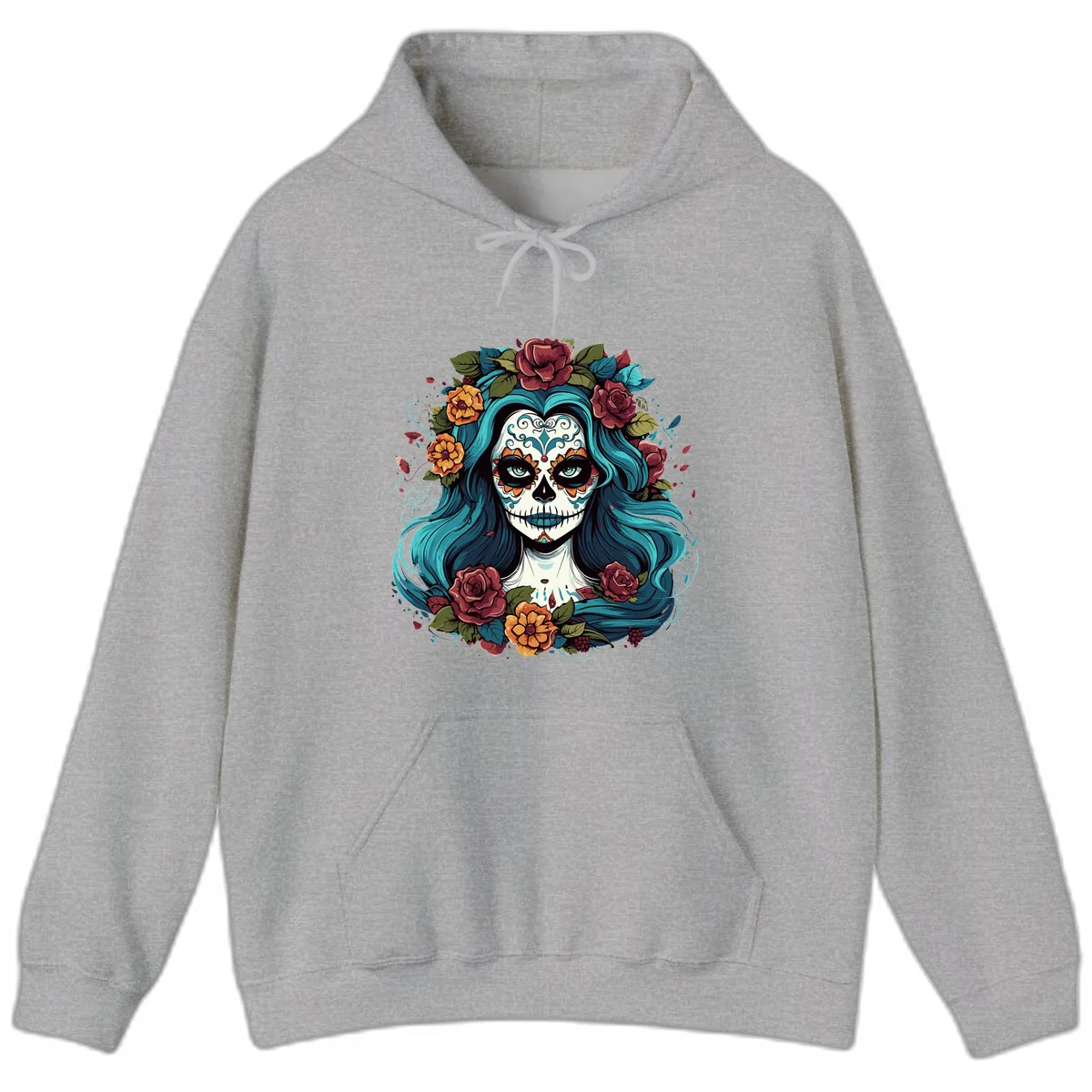 Floral Calavera with Teal Hair and Roses Hoodie in Sport Grey
