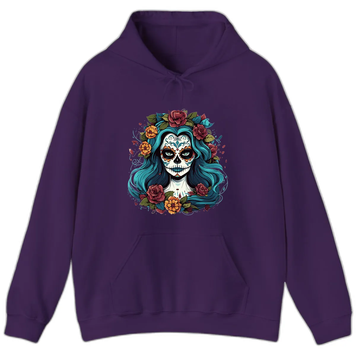 Floral Calavera with Teal Hair and Roses Hoodie in Purple