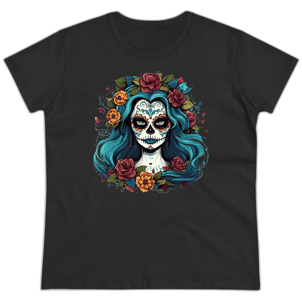 Floral Calavera with Teal Hair and Roses Ladies Tee in Black