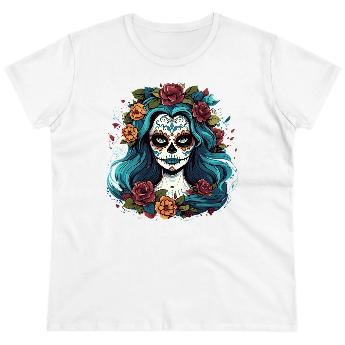 Floral Calavera with Teal Hair and Roses Ladies Tee in White