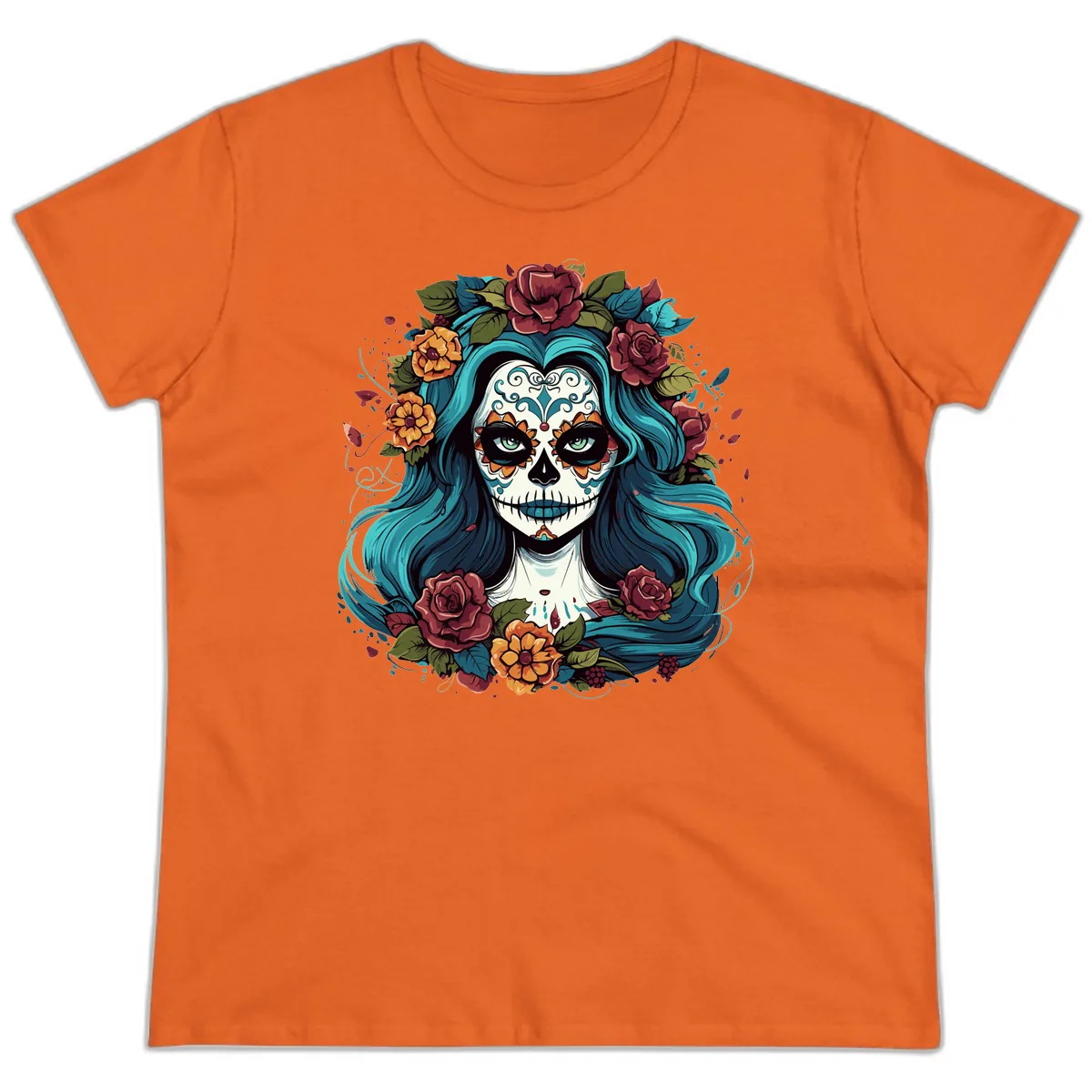 Floral Calavera with Teal Hair and Roses Ladies Tee in Orange
