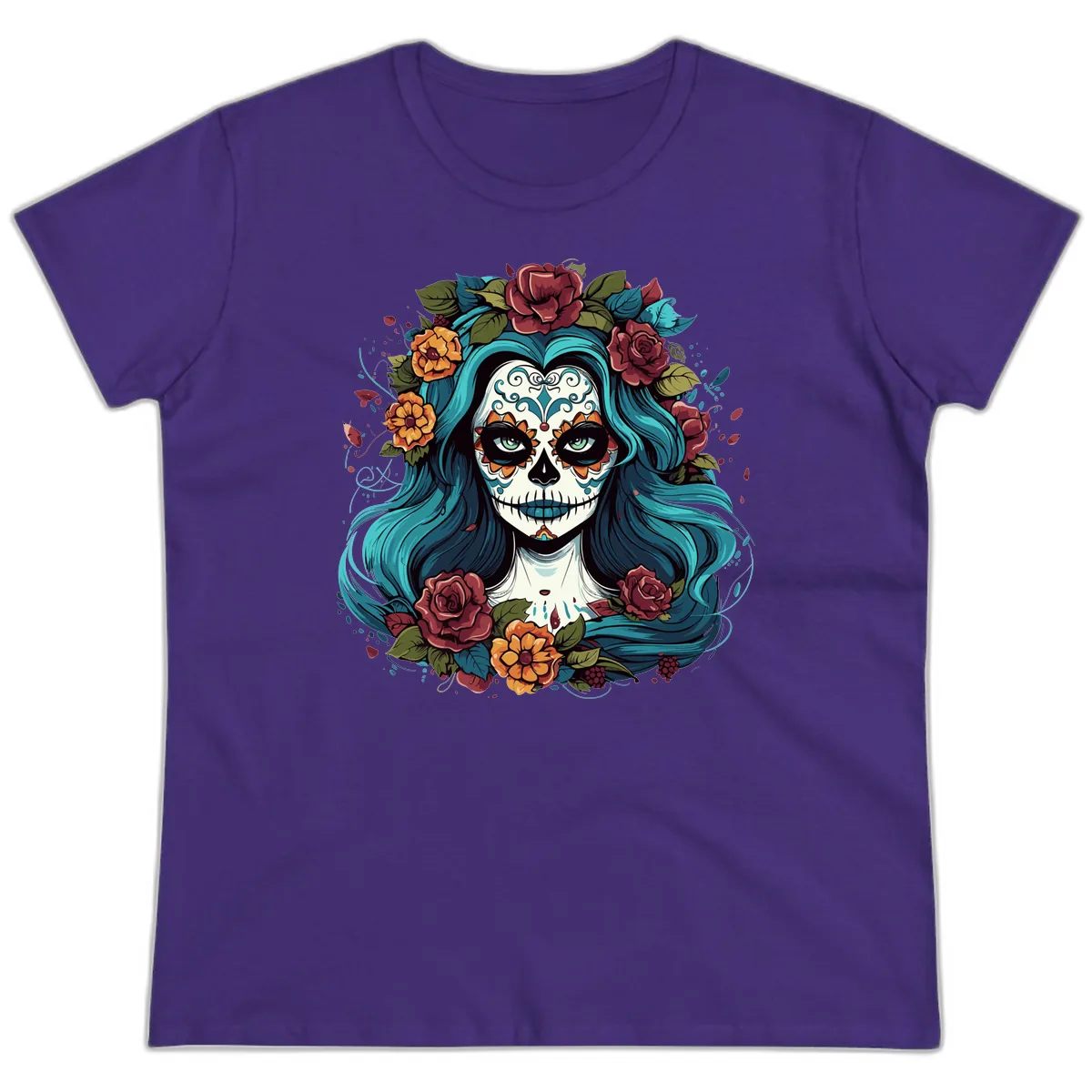 Floral Calavera with Teal Hair and Roses Ladies Tee in Purple