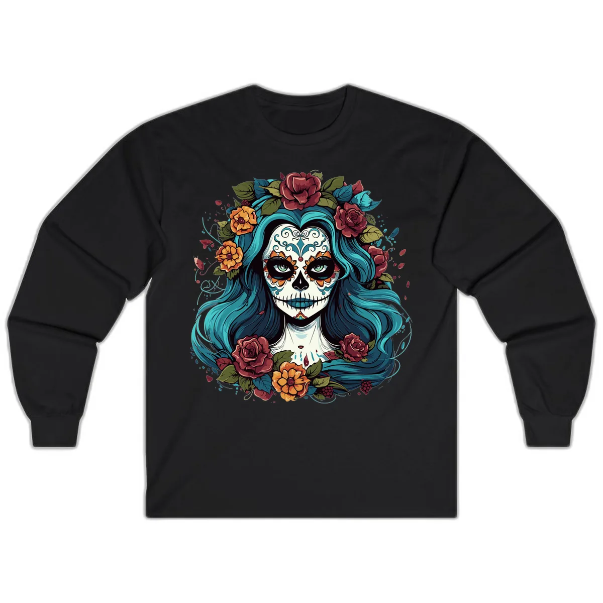 Floral Calavera with Teal Hair and Roses Long Sleeve in Black