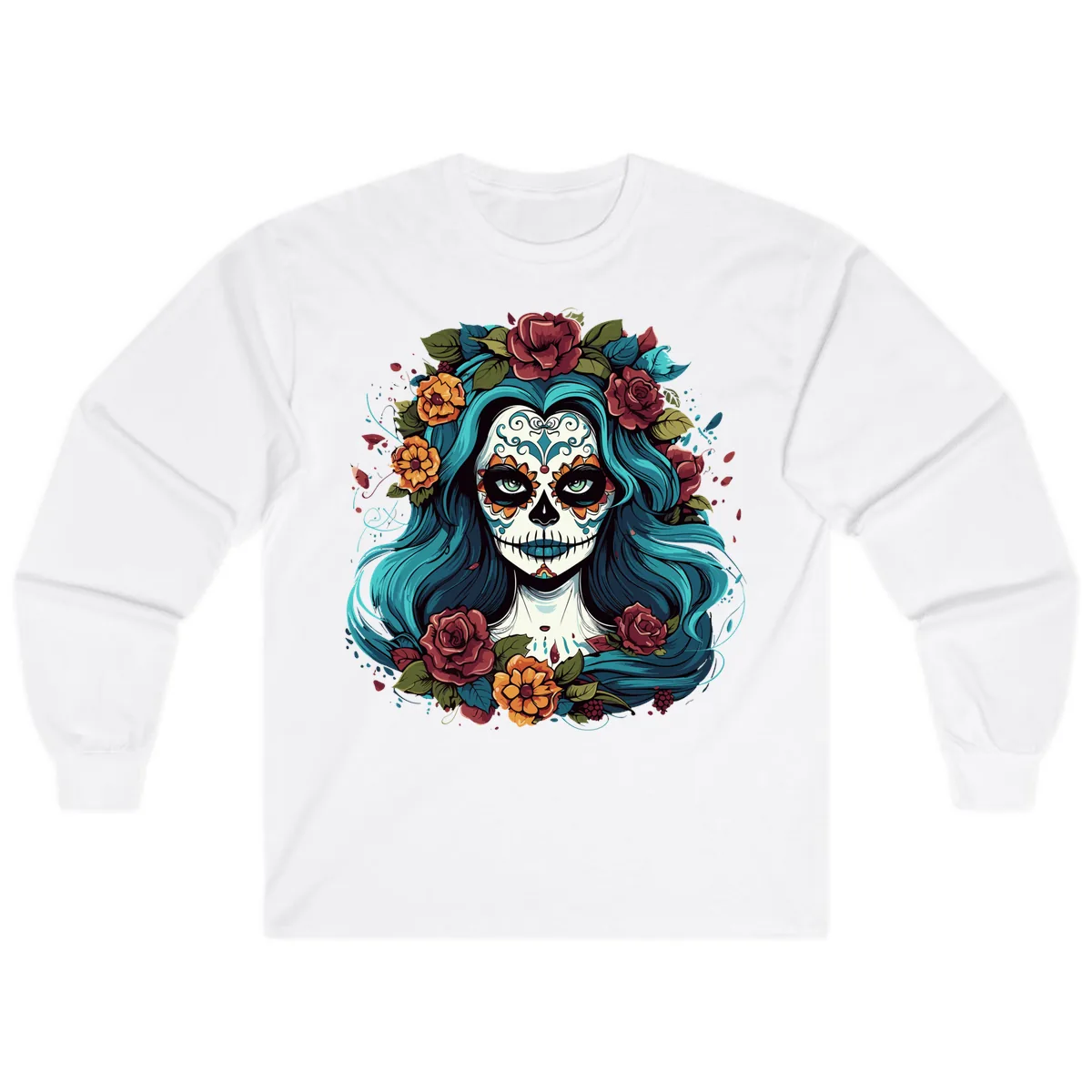 Floral Calavera with Teal Hair and Roses Long Sleeve in White