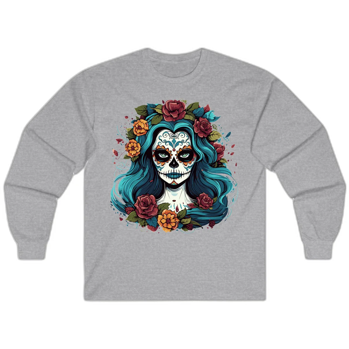 Floral Calavera with Teal Hair and Roses Long Sleeve in Sport Grey