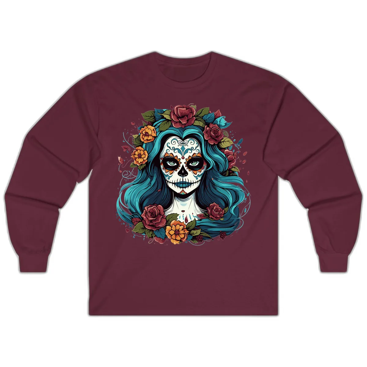 Floral Calavera with Teal Hair and Roses Long Sleeve in Maroon