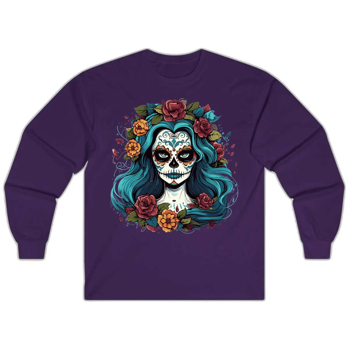 Floral Calavera with Teal Hair and Roses Long Sleeve in Purple