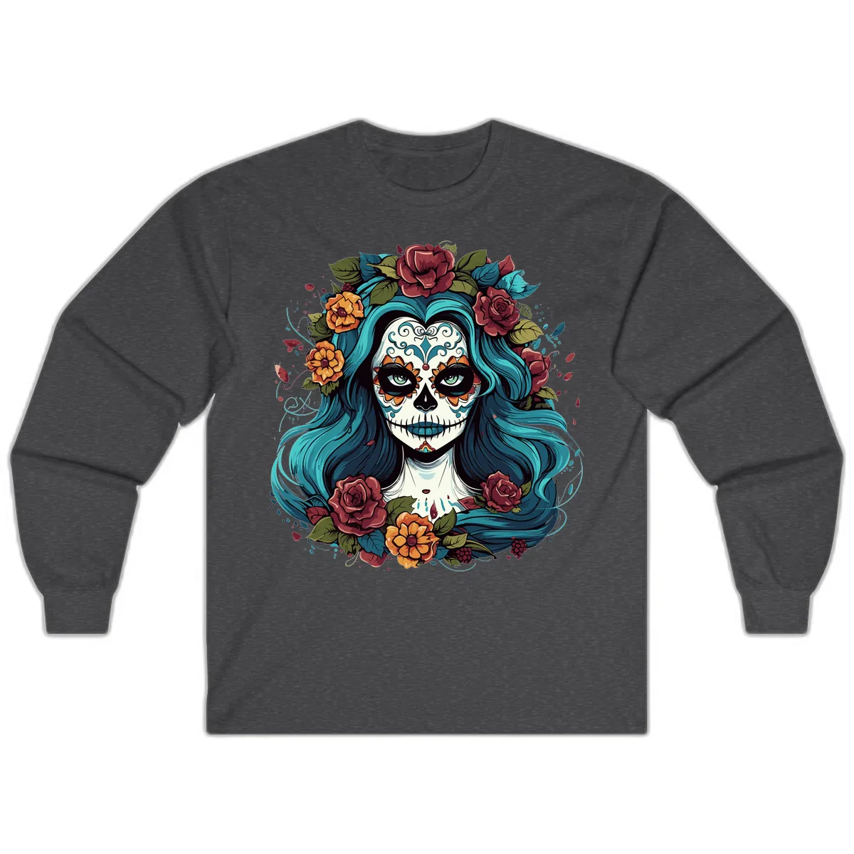 Floral Calavera with Teal Hair and Roses Long Sleeve in Dark Heather