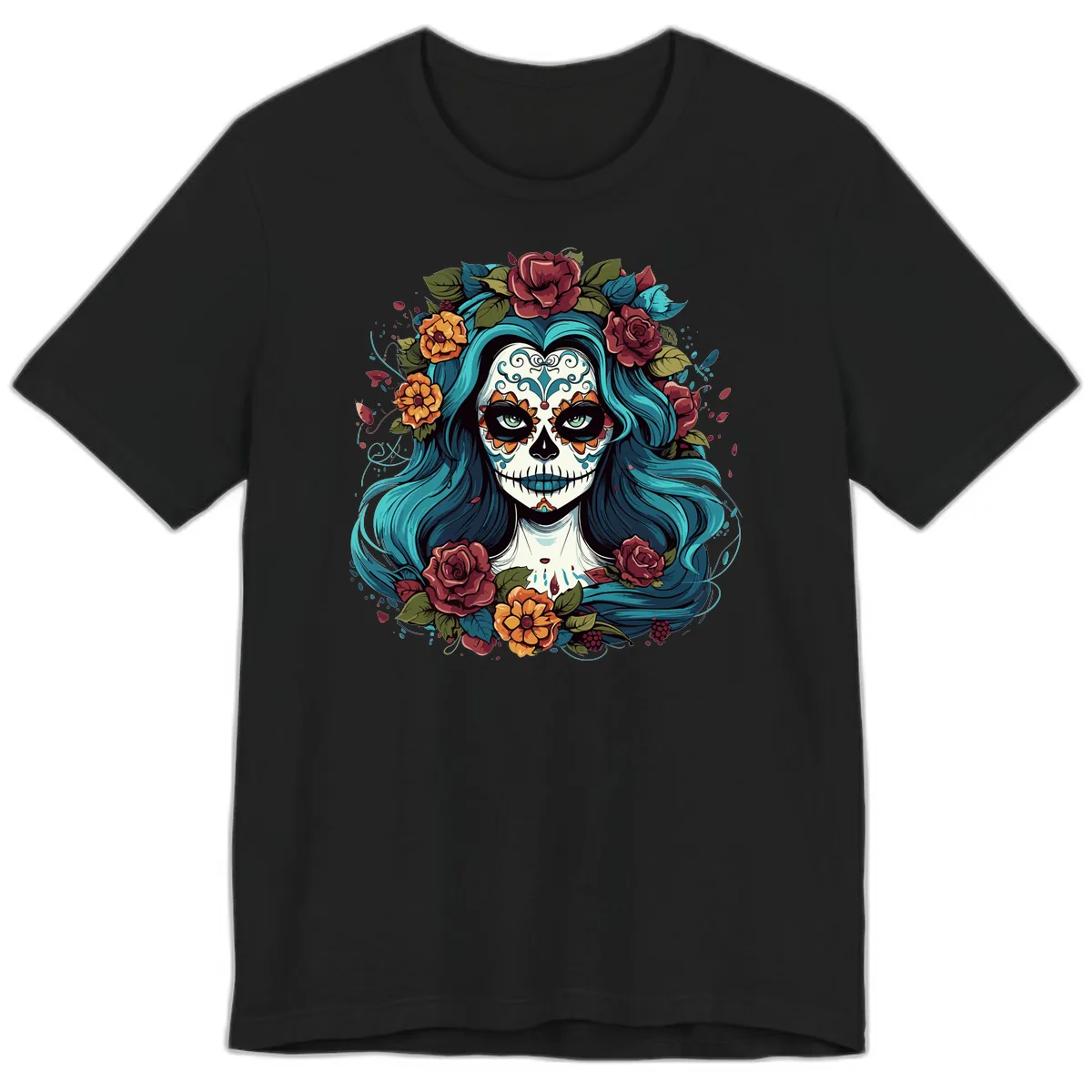 Floral Calavera with Teal Hair and Roses Premium T-Shirt in Black