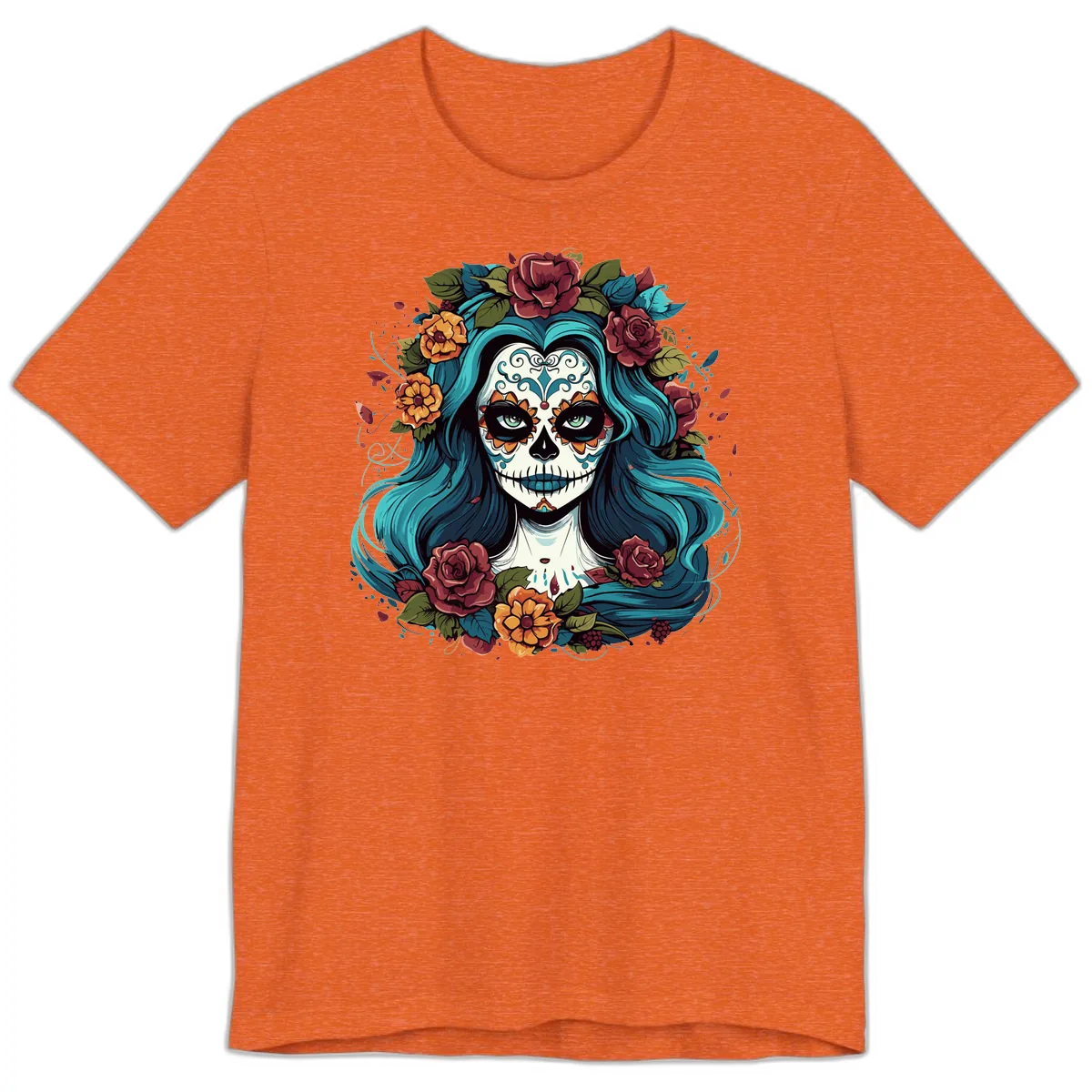 Floral Calavera with Teal Hair and Roses Premium T-Shirt in Heather Orange