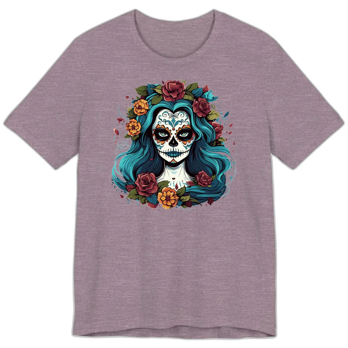 Floral Calavera with Teal Hair and Roses Premium T-Shirt in Heather Purple