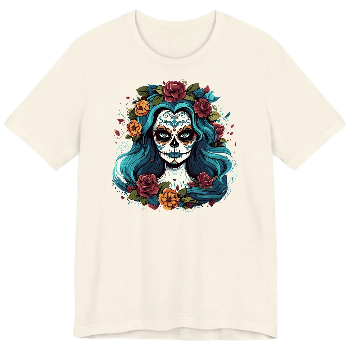 Floral Calavera with Teal Hair and Roses Premium T-Shirt in Natural
