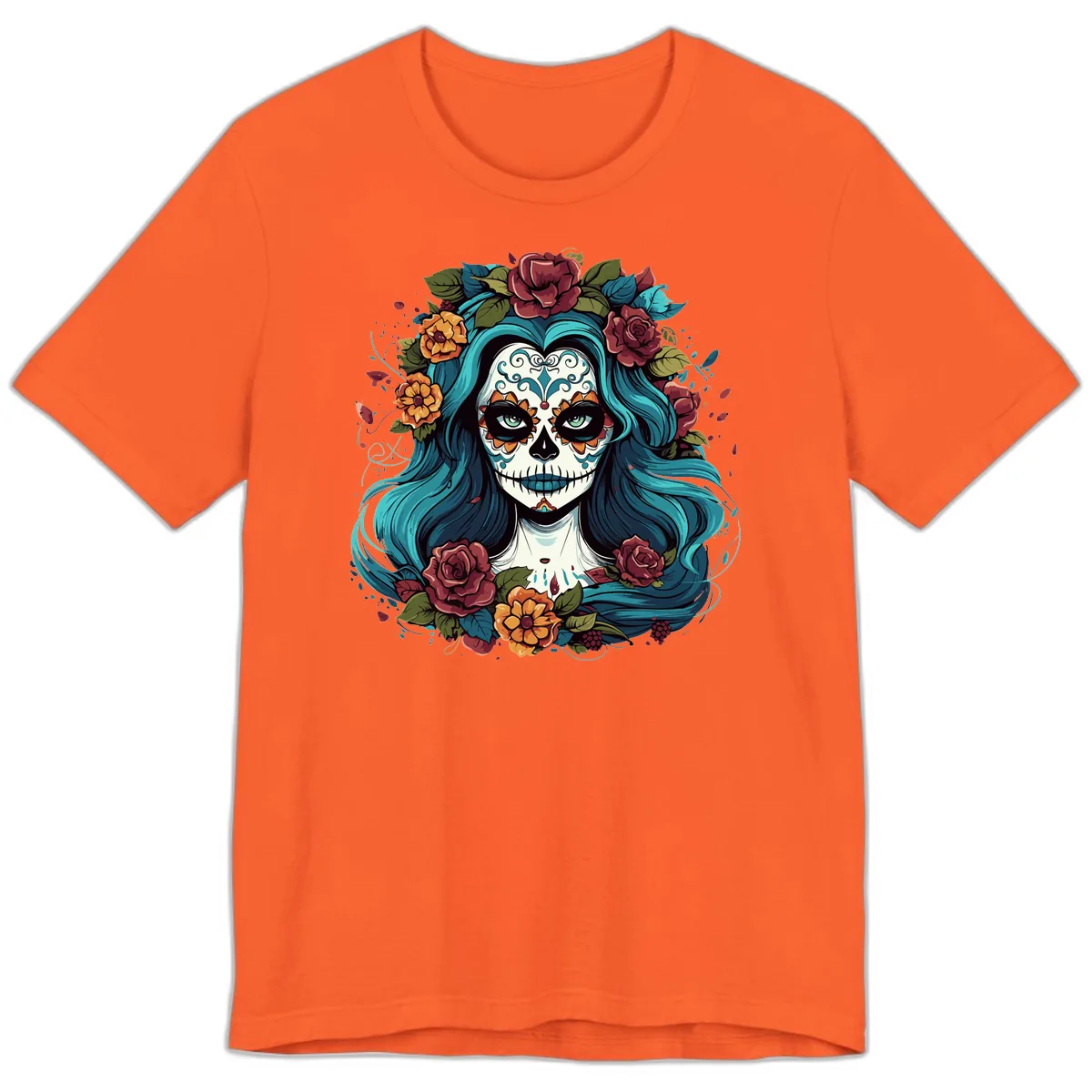 Floral Calavera with Teal Hair and Roses Premium T-Shirt in Orange