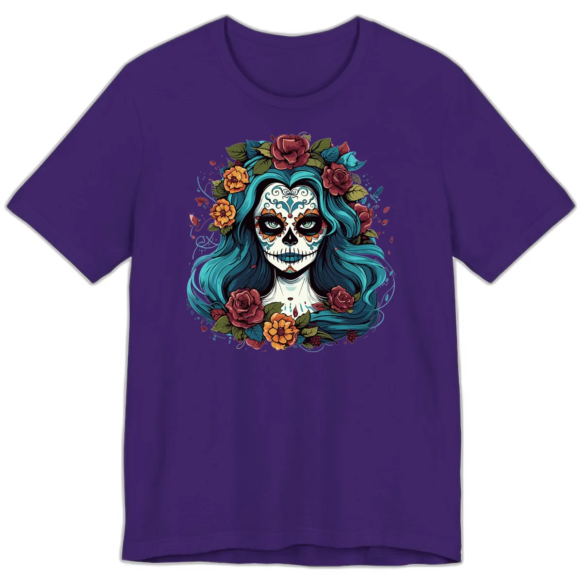 Floral Calavera with Teal Hair and Roses Premium T-Shirt in Team Purple