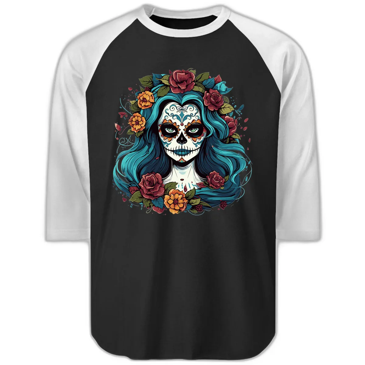 Floral Calavera with Teal Hair and Roses Raglan 3/4 in Black White