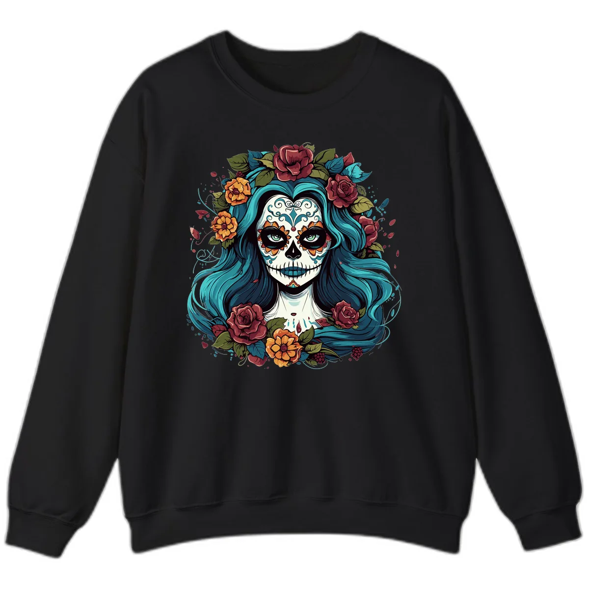 Floral Calavera with Teal Hair and Roses Sweatshirt in Black