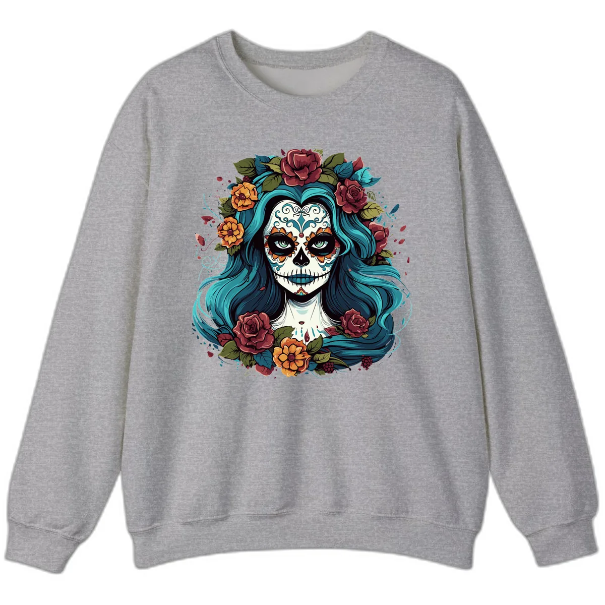 Floral Calavera with Teal Hair and Roses Sweatshirt in Sport Grey