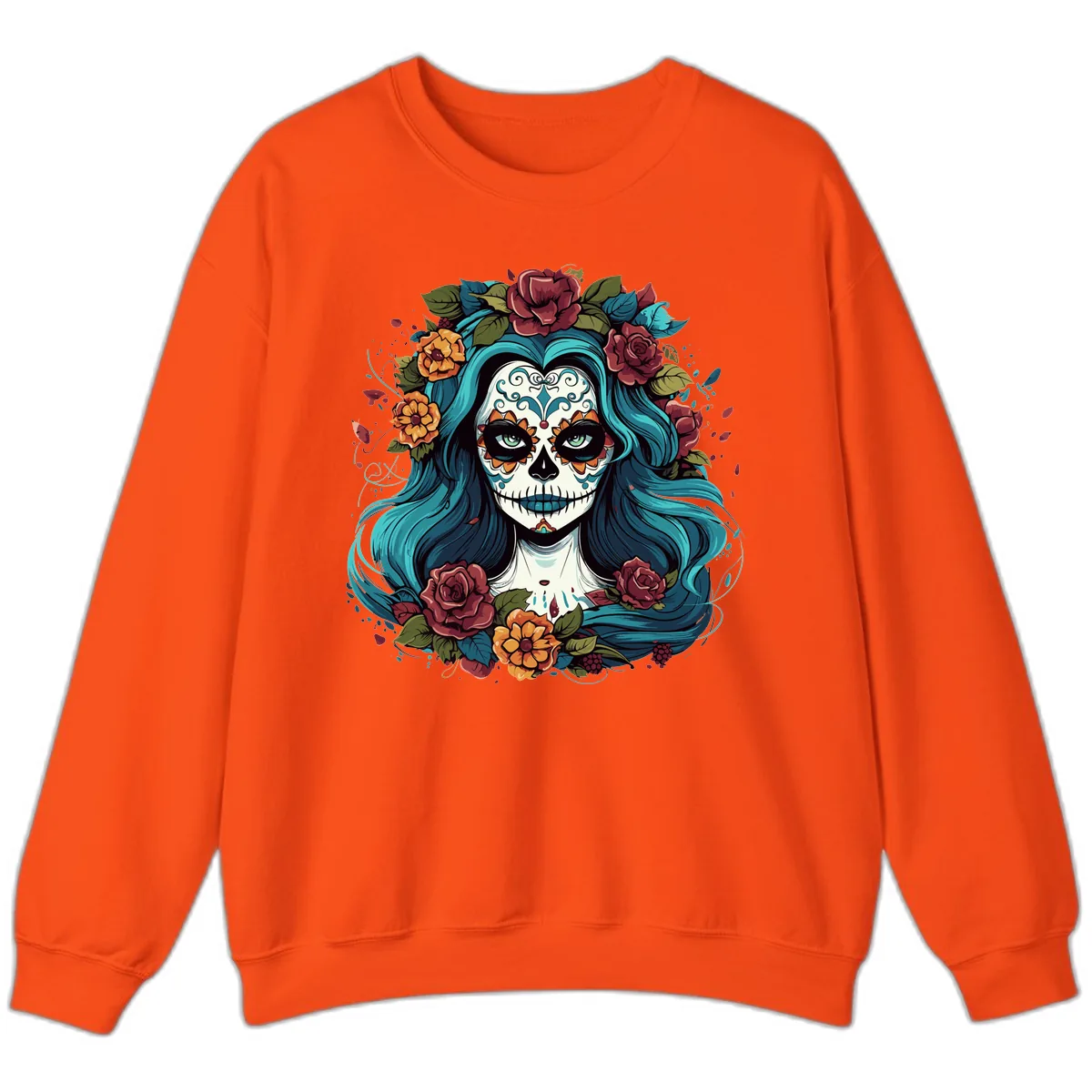 Floral Calavera with Teal Hair and Roses Sweatshirt in Orange