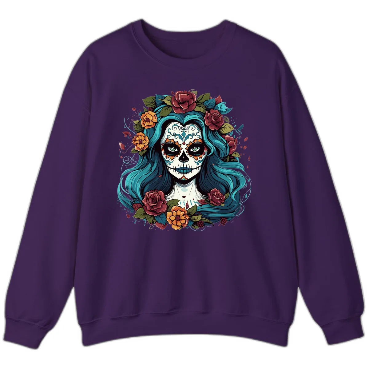 Floral Calavera with Teal Hair and Roses Sweatshirt in Purple