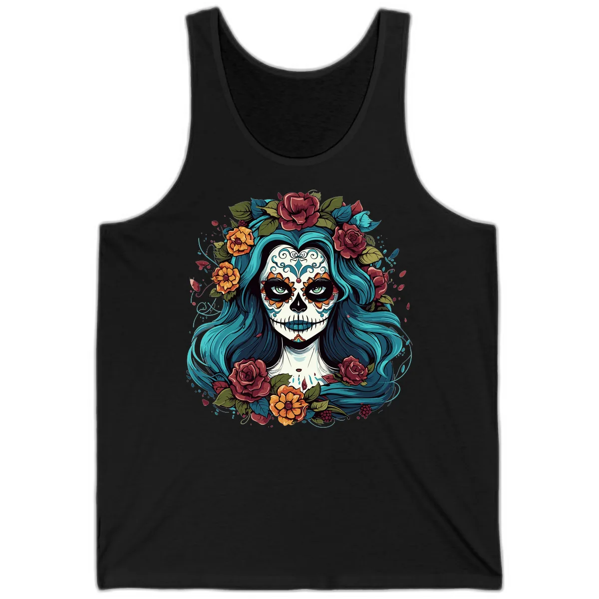 Floral Calavera with Teal Hair and Roses Tank in Black