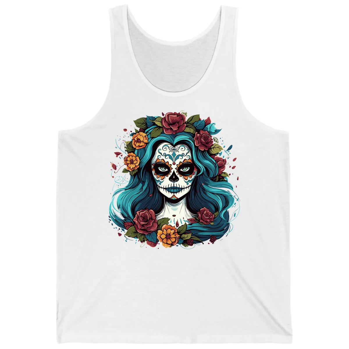 Floral Calavera with Teal Hair and Roses Tank in White