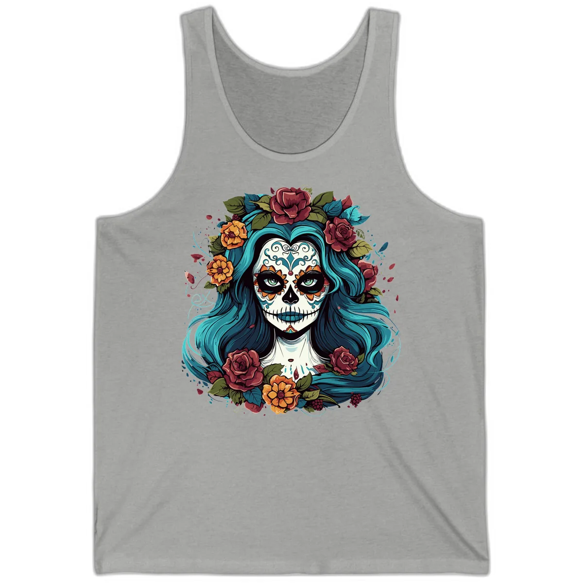 Floral Calavera with Teal Hair and Roses Tank in Athletic Heather