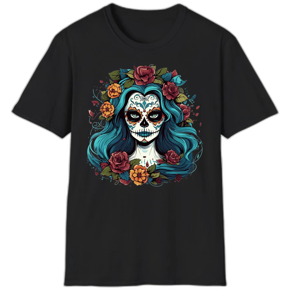 Floral Calavera with Teal Hair and Roses T-Shirt in Black