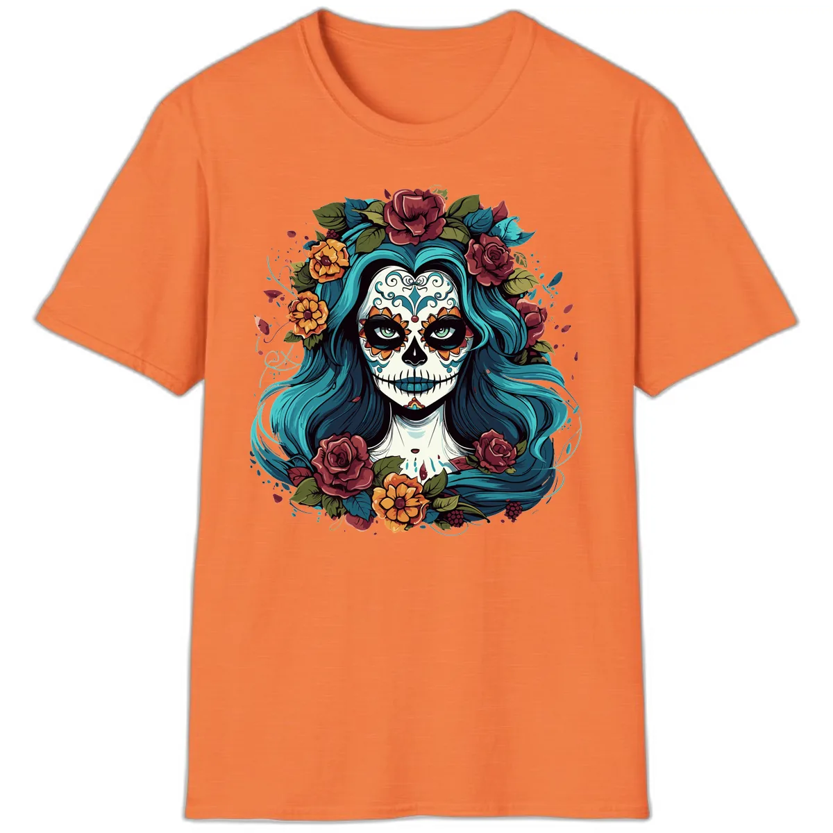 Floral Calavera with Teal Hair and Roses T-Shirt in Heather Orange