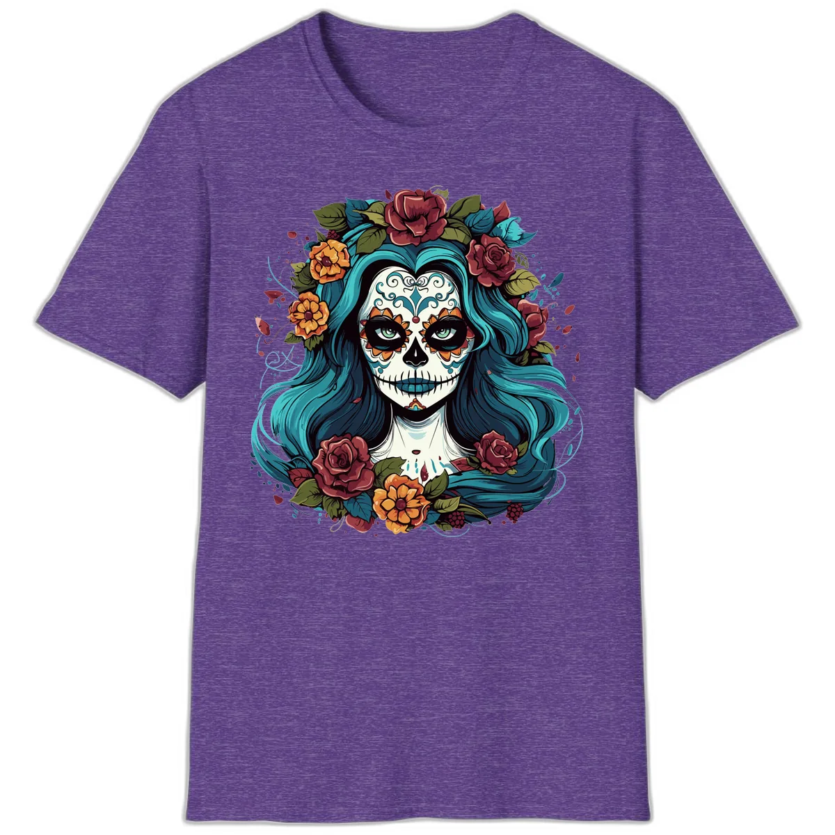 Floral Calavera with Teal Hair and Roses T-Shirt in Heather Purple