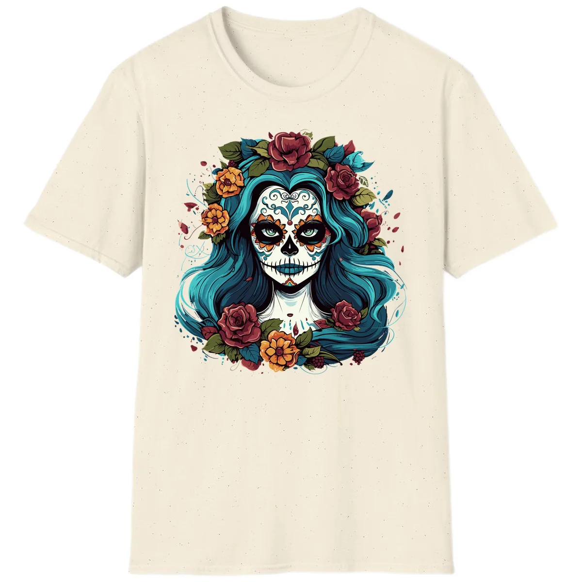 Floral Calavera with Teal Hair and Roses T-Shirt in Natural