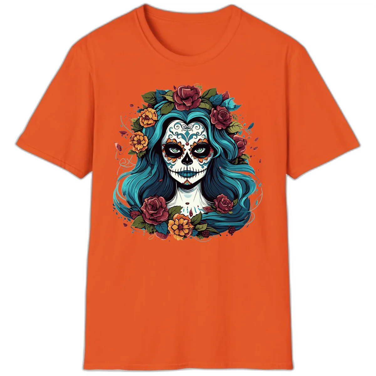 Floral Calavera with Teal Hair and Roses T-Shirt in Orange